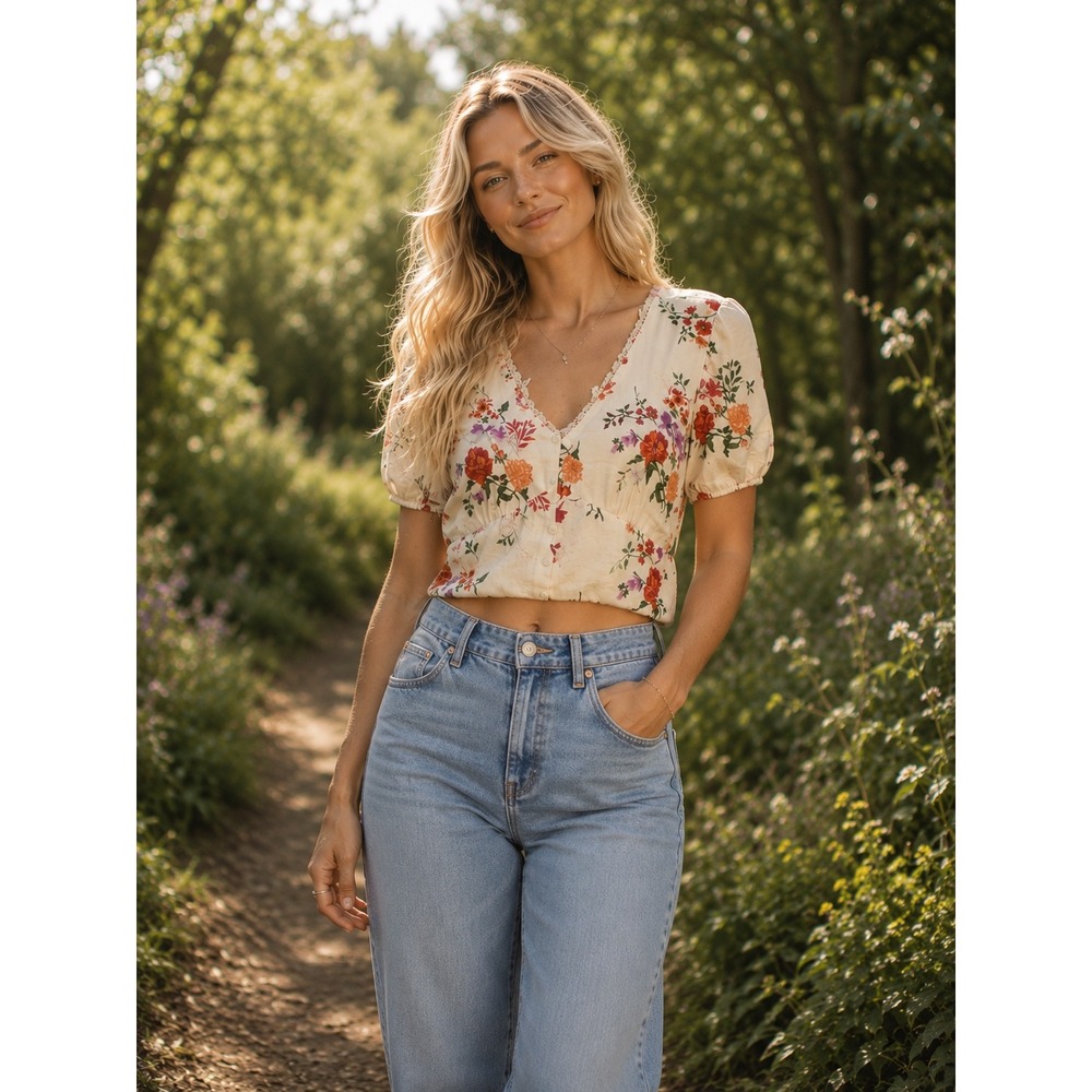 Monteau Los Angeles Floral V-Neck Puff Sleeve Crop Top Cream Orange‎ Purple L